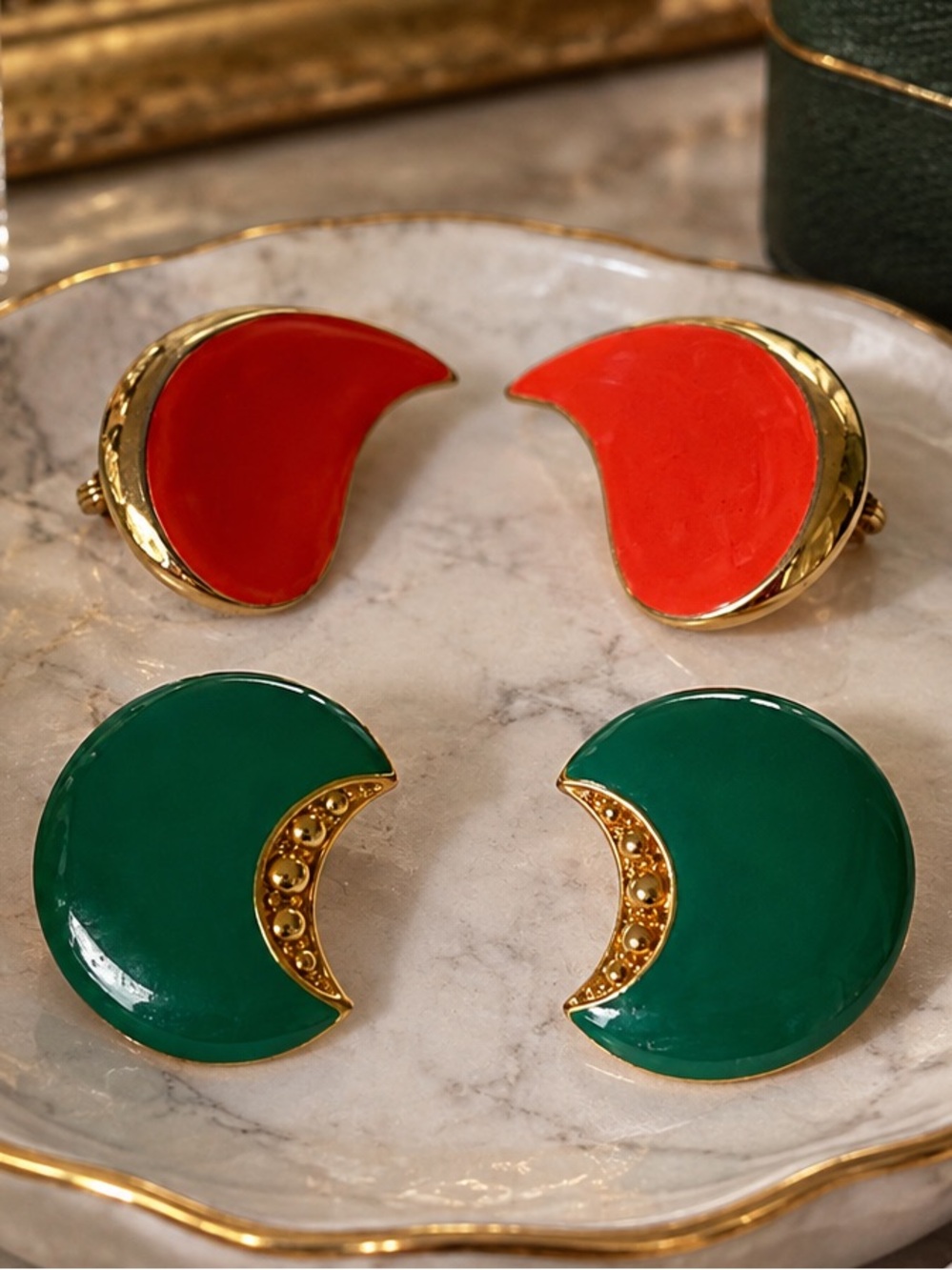 Two pairs Vintage 1980s Monet Enamel Earrings Tangerine & Green Clip on.